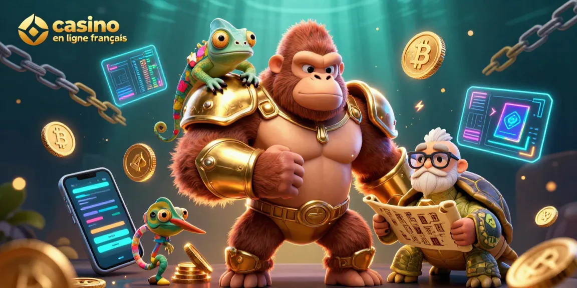 Illustration d'un gorille roi en armure d'or dans un casino en ligne français, entouré d'éléments de jeux numériques.