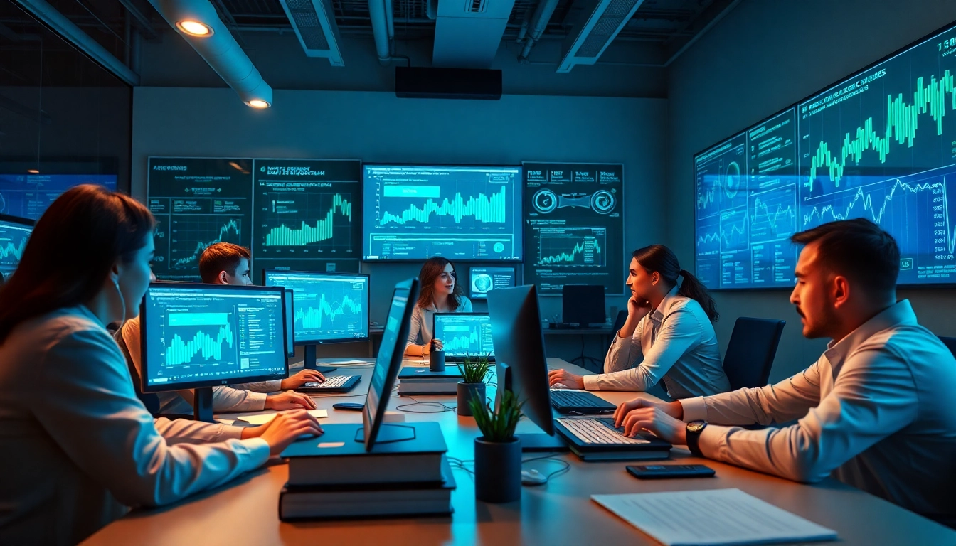 Innovative team collaborating on cybersecurity AI solutions in a modern lab