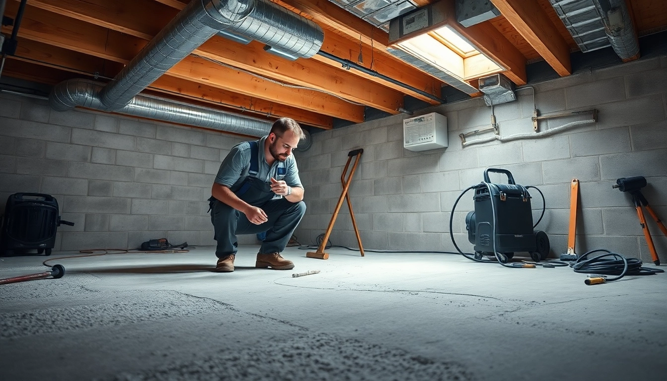 Crawl Space Restoration professionals assessing moisture issues in a bright setting with tools.