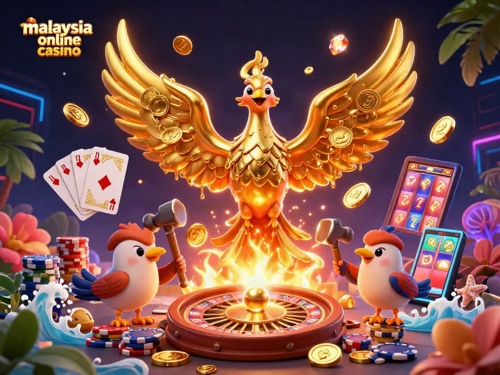 Experience the thrill of malaysia online casino with a dynamic scene of golden phoenix, casino elements, and vibrant energy.