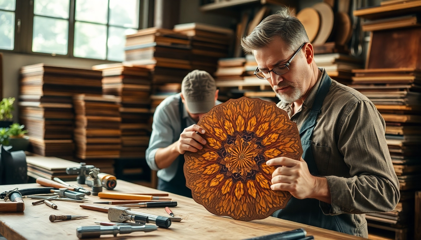 Artisan working on a detailed veneer project at the veneer hub with various wood finishes.