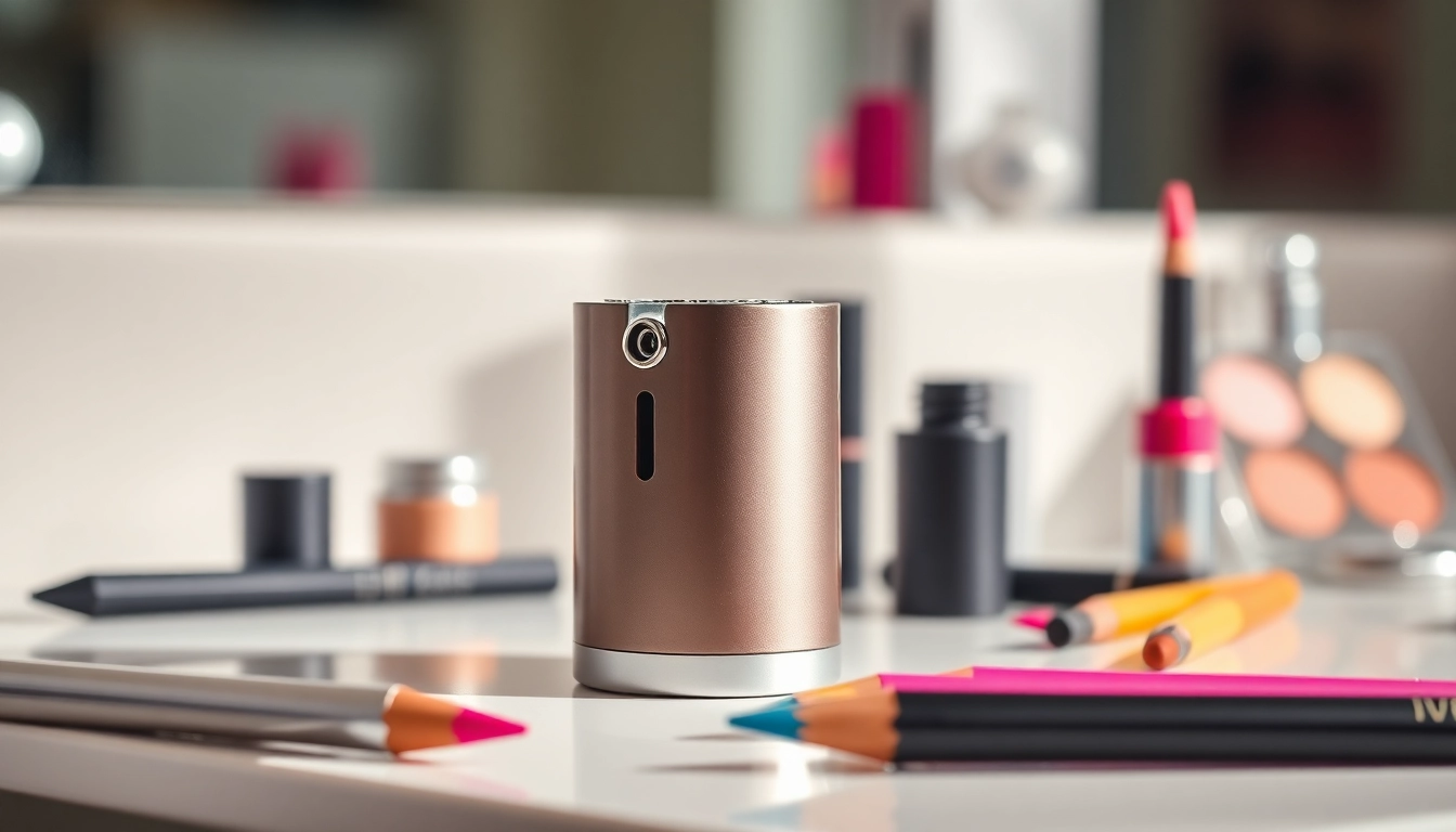 Sharpen your pencils effortlessly with a premium cosmetic pencil sharpener on a makeup table.