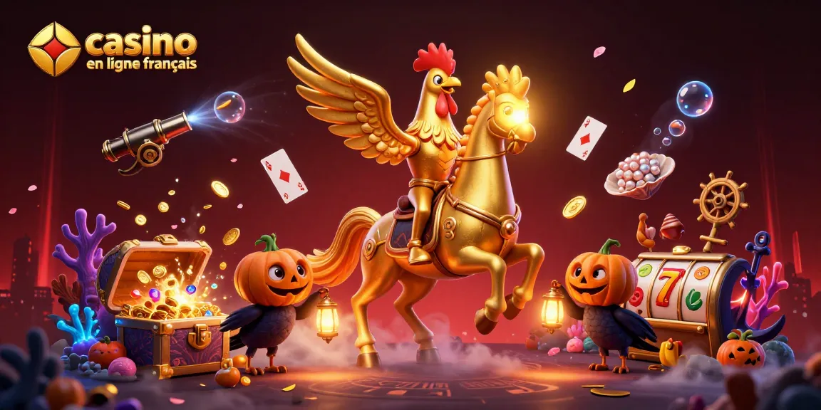 Illustration dynamique de casino en ligne français avec un coq doré menant une fête nocturne.