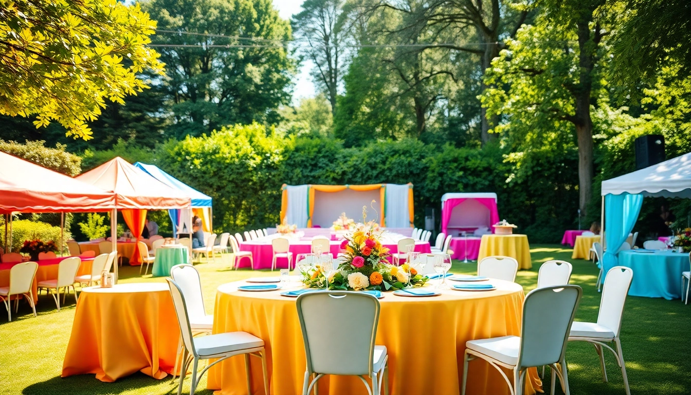 Engaging setup of Party Rentals Near Me with colorful tents and elegant tables for an outdoor event.