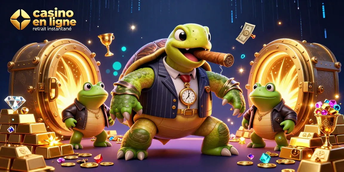 Profitez d'un casino en ligne avec retrait instantané grâce à une illustration dynamique de tortue et de grenouilles.