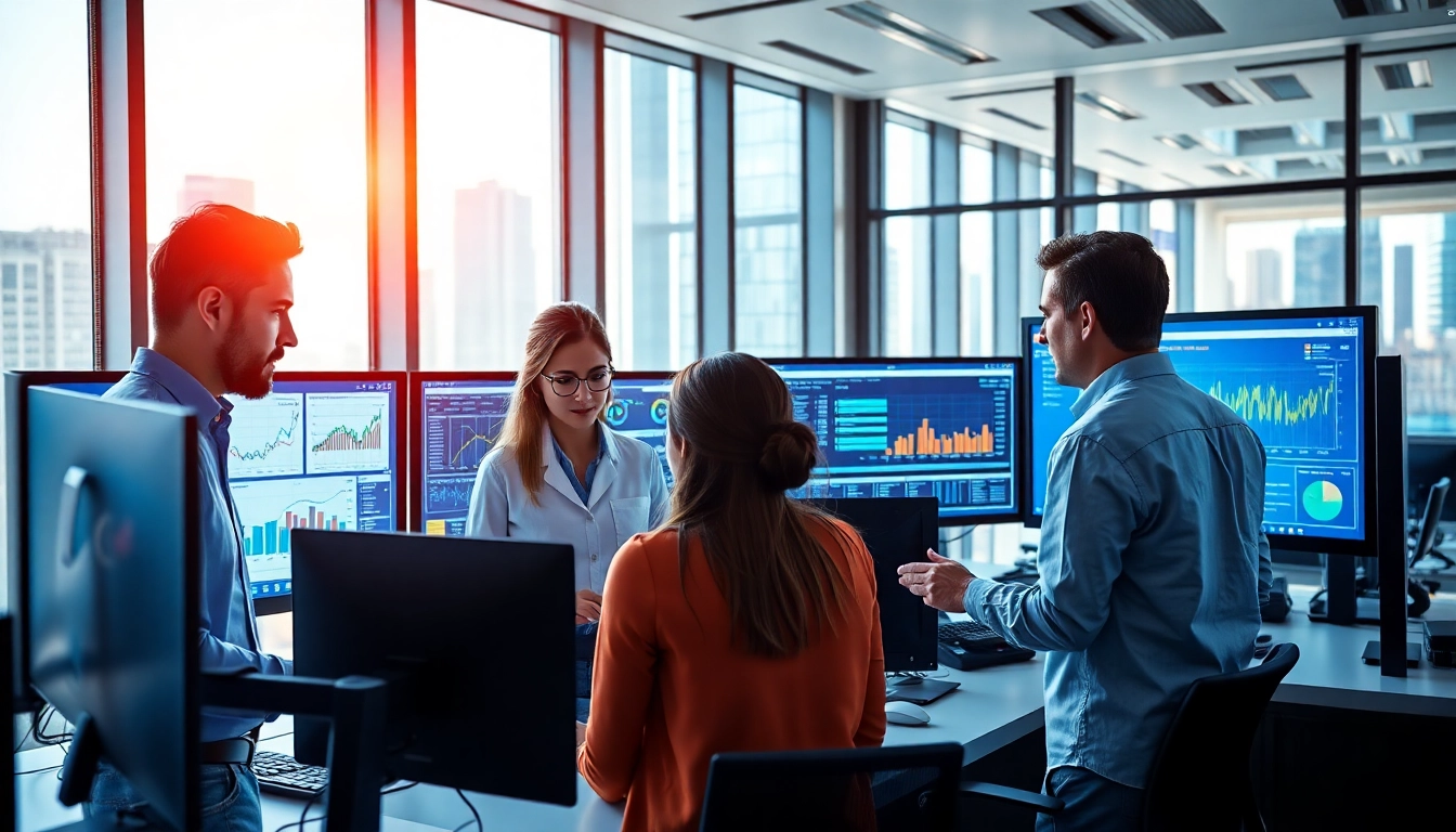 Data scientists collaborating in a high-tech office showcasing Machine learning in supply chain processes.