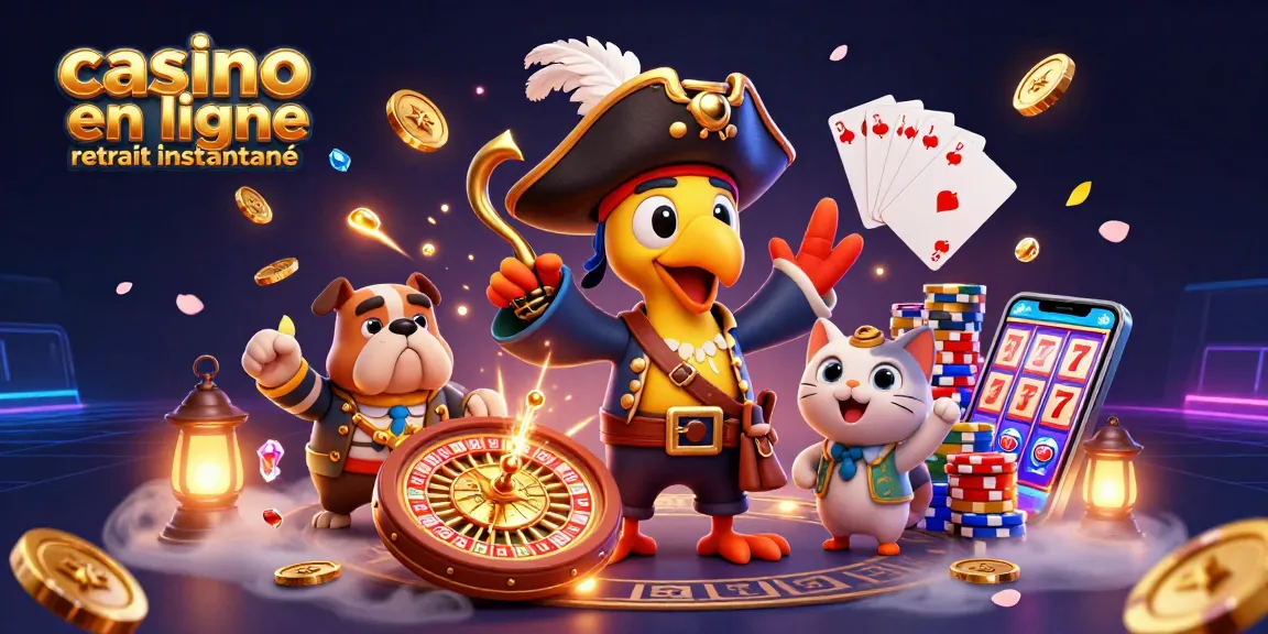 Jeux de casino en ligne retrait instantané avec un pirate et ses alliés au milieu d'une scène animée.