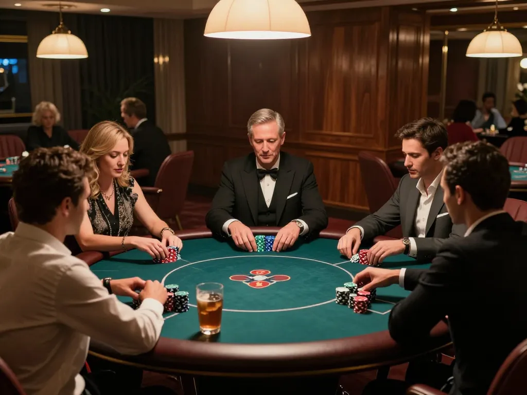 Players are enjoying an intense poker game at RR88, showcasing colorful chips and a warm ambiance.