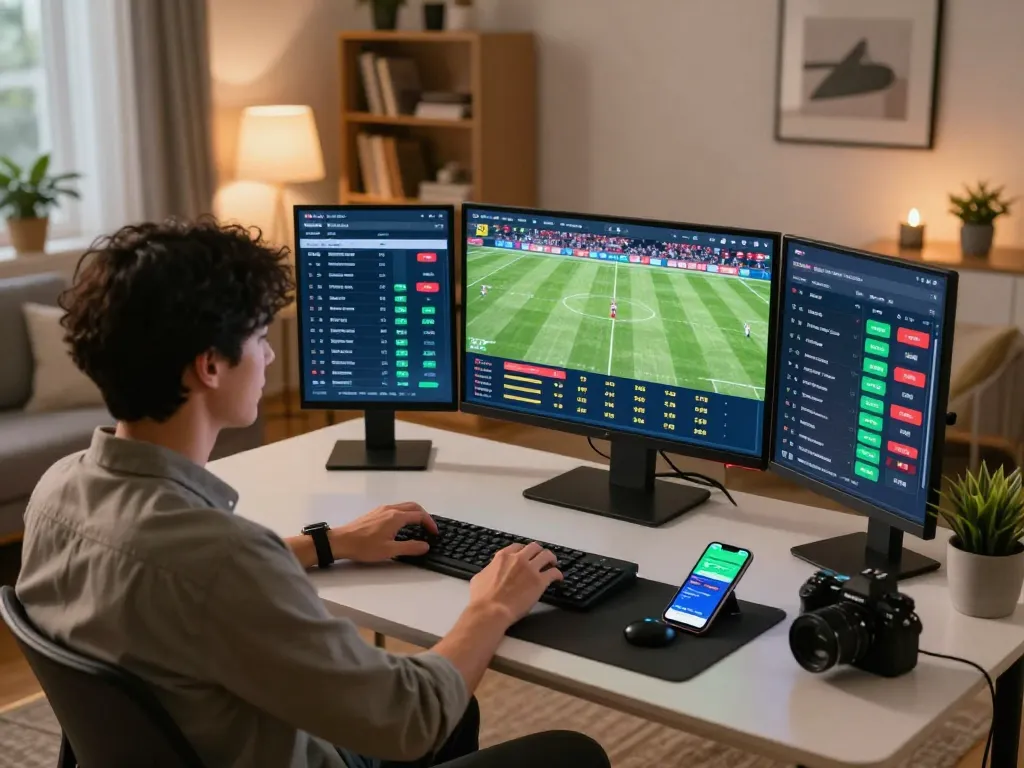 Kèo nhà cái displayed on multiple screens during an online football betting session at home.