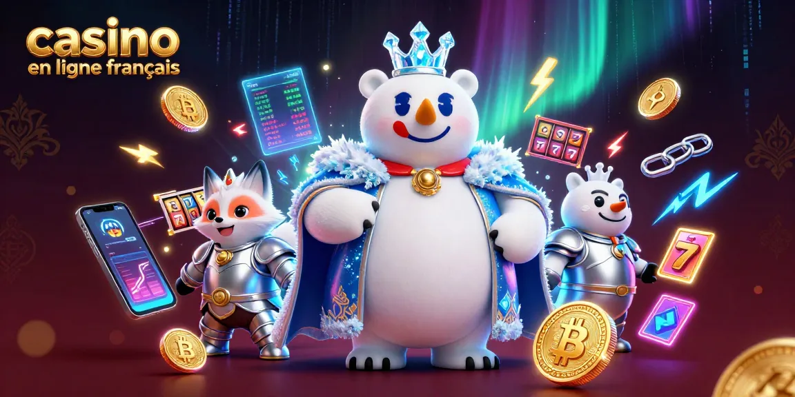 Jouez dans un casino en ligne français avec nos personnages animés captivants entourés de symboles de gains.