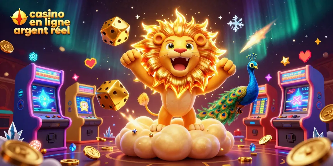 Jouez sur casino en ligne argent réel avec des machines colorées et des dés dorés dans une scène dynamique.