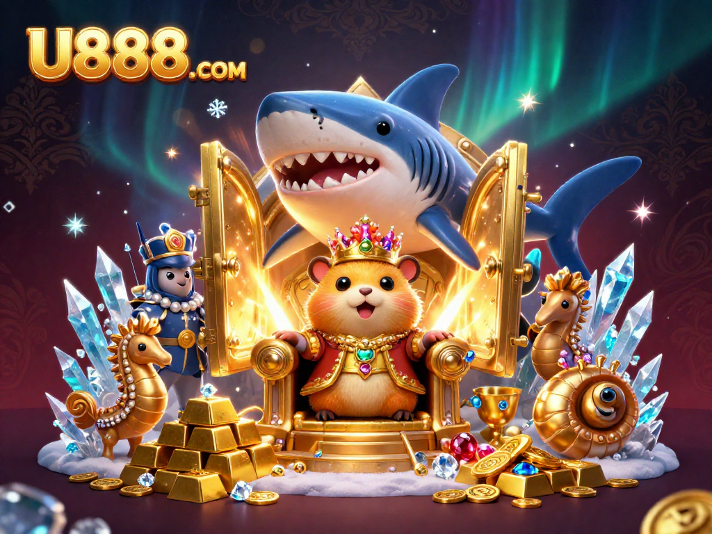 Engaging scene showcasing U888. COM with a golden hamster king and seahorse guards amidst treasure elements.
