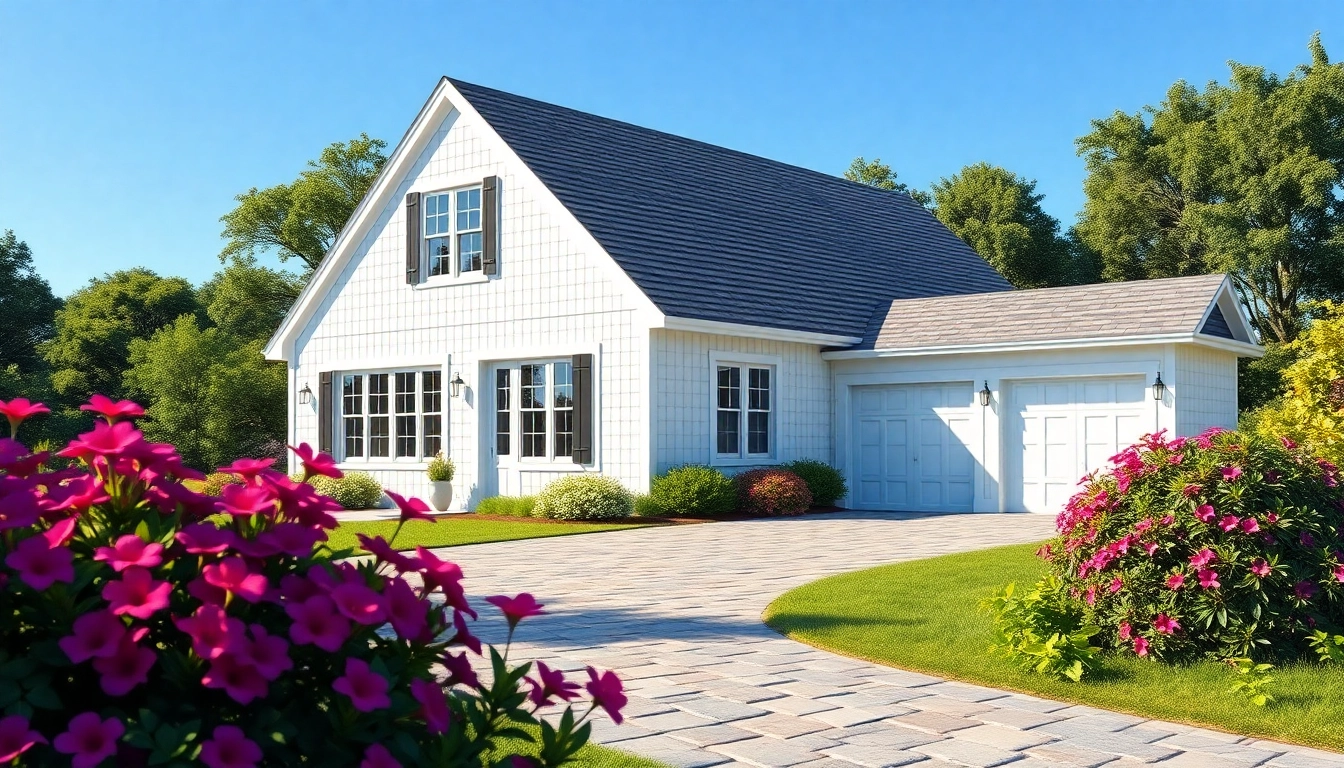 Cape Cod home showcasing an elegant design and attached garage, surrounded by lush gardens.