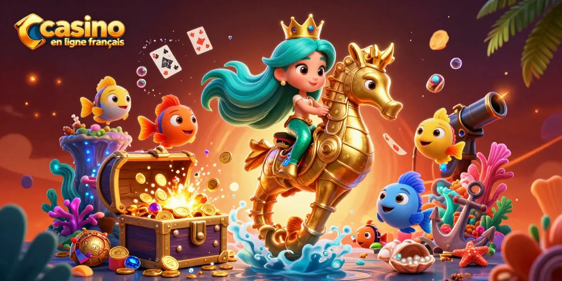 Plongez dans l'excitation du casino en ligne francais avec une sirène et ses amis dans une scène animée.