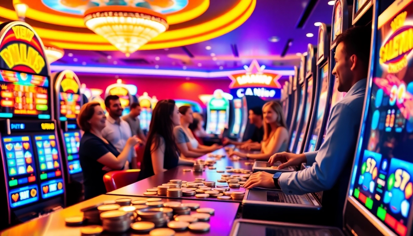 Engage with free spins bonuses in an exciting casino atmosphere showing vibrant slot machines.