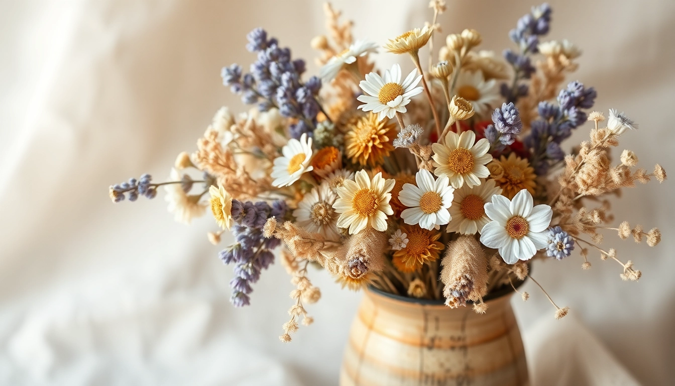 Artistic display of dried blooms showcasing colors and textures in a rustic vase.