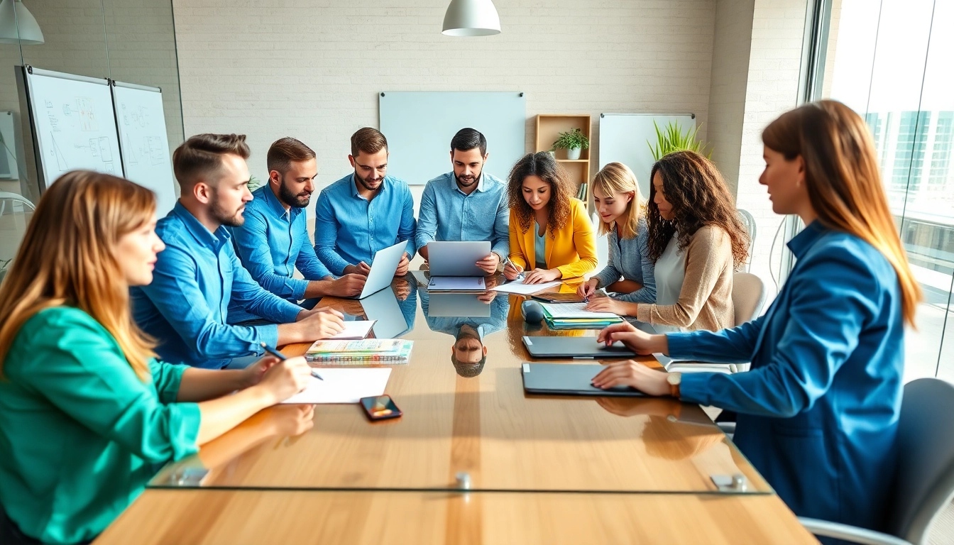 Engaged team conducting a Content Gap Analysis in a lively meeting environment.