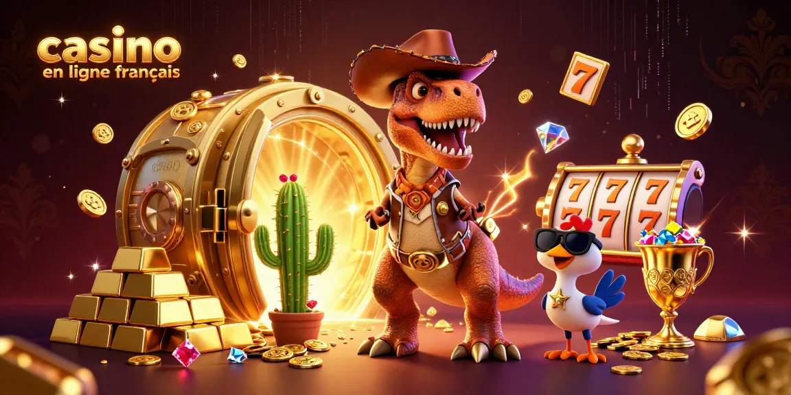 Plongez dans l'univers du casino en ligne français avec une illustration dynamique mêlant un T-Rex cowboy, des gains d'or et des jeux de machines à sous.