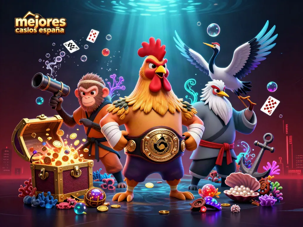 Mejores casinos España: ilustración 3D con personajes animados y elementos de casino vibrantes.