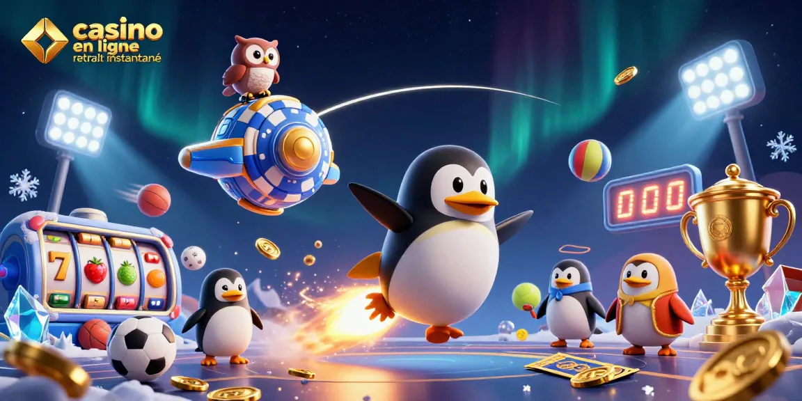 Découvrez un casino en ligne retrait instantané avec un pingouin montant dans l'espace, accompagné de jetons d'or.