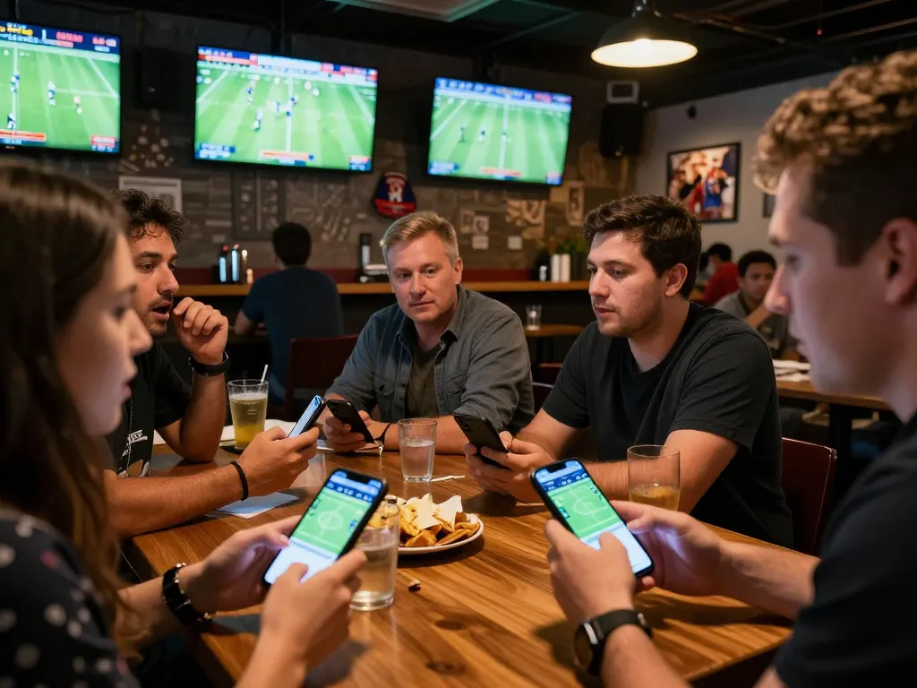 Kèo nhà cái action unfolds as enthusiastic bettors study odds in a lively sports bar