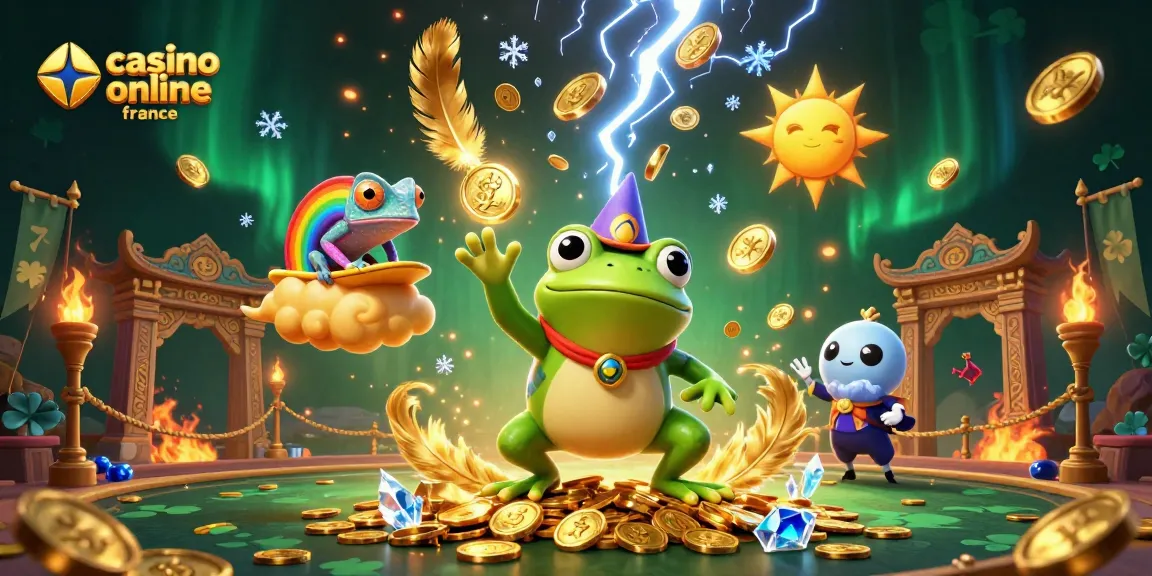 Jouez avec le casino en ligne en France où une grenouille magicien attire des pièces d'or tandis qu'un caméléon surfe sur un nuage doré.
