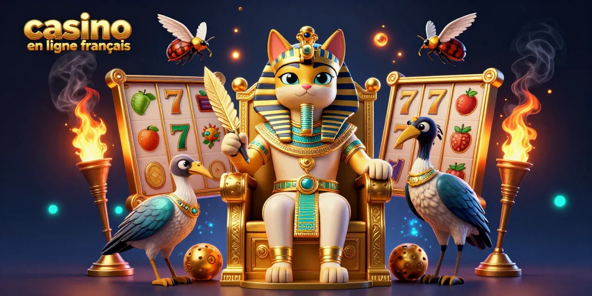 Illustration captivante d'un chat pharaonique et jeux de machines à sous sur casino en ligne français.