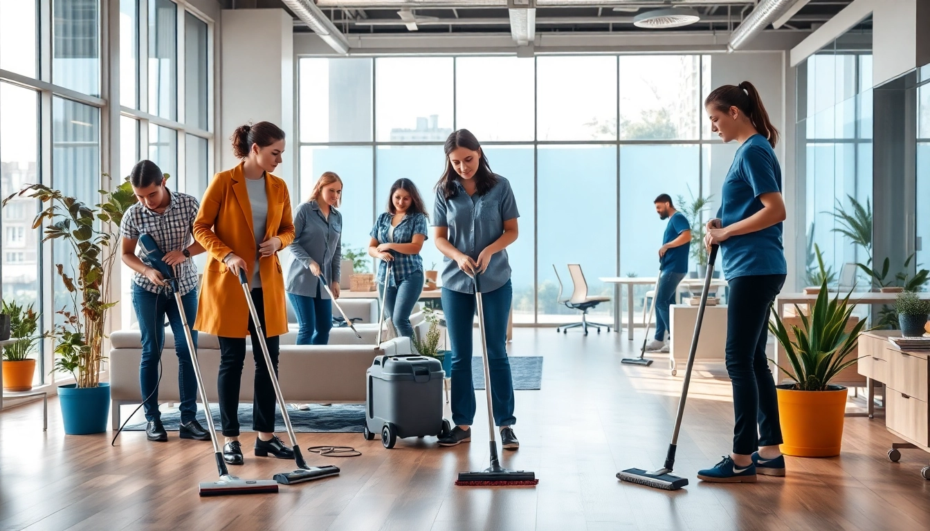 Efficient cleaning services near me team in action cleaning an office space.