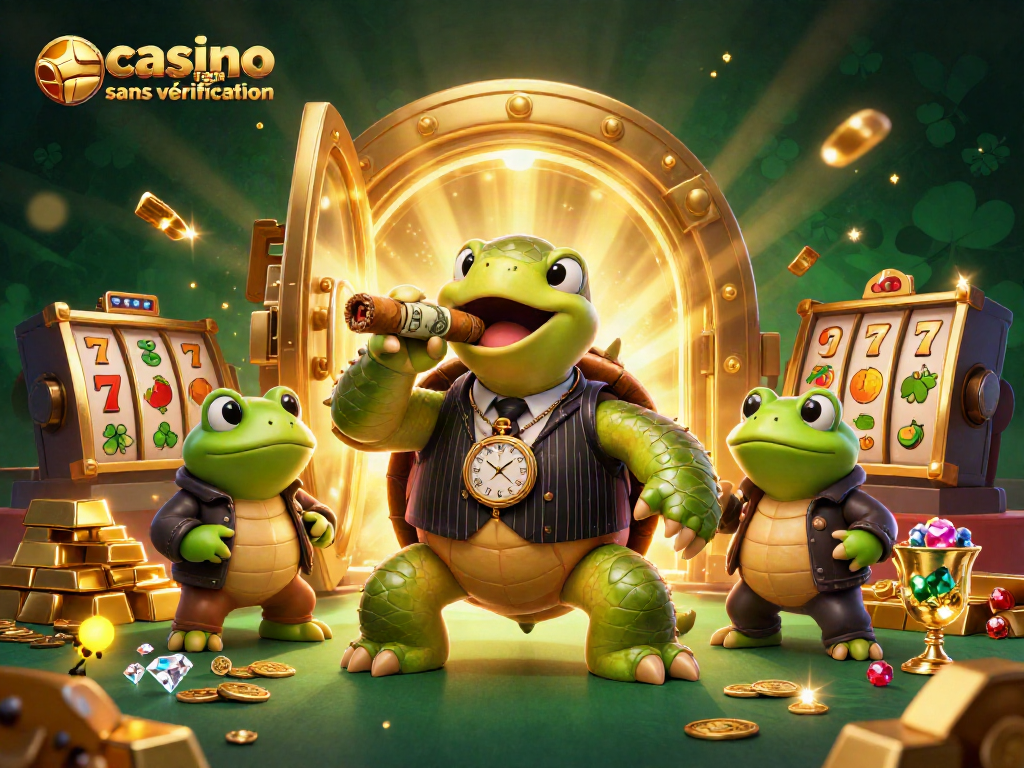 Illustration d'un casino en ligne sans vérification, mettant en scène une tortue en costume avec des grenouilles et des éléments de jeu.