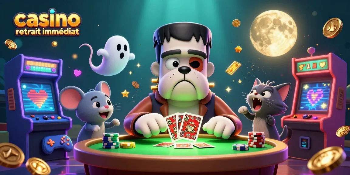 Illustration dynamique de casino retrait immédiat, montrant un bulldog Frankenstein et un chat loup jouant à une table accueillante.