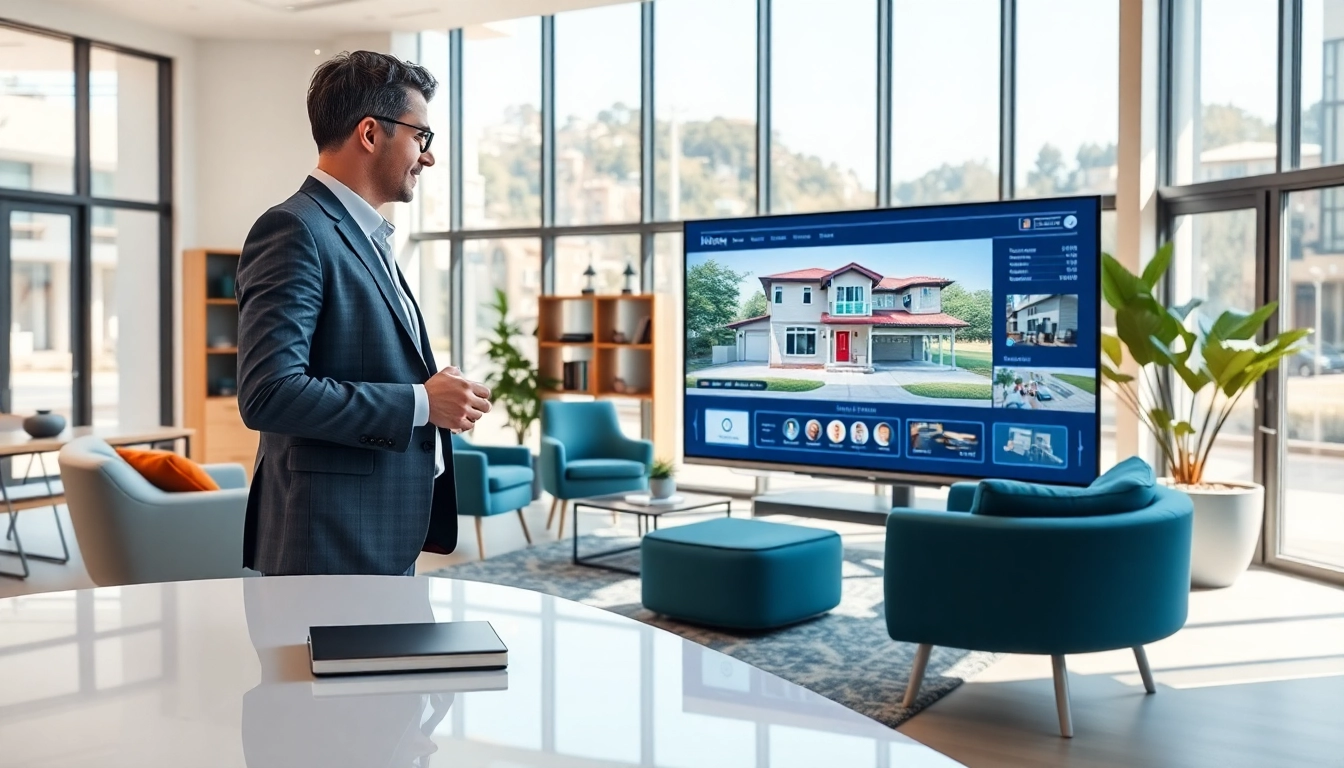Showcasing a professional real estate agent giving a virtual tour in a modern office environment.