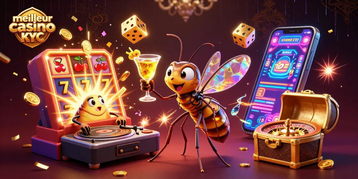 Le meilleur casino sans KYC: Mascotte de casino mixée avec une ambiance dynamique de jeux et de jackpots.