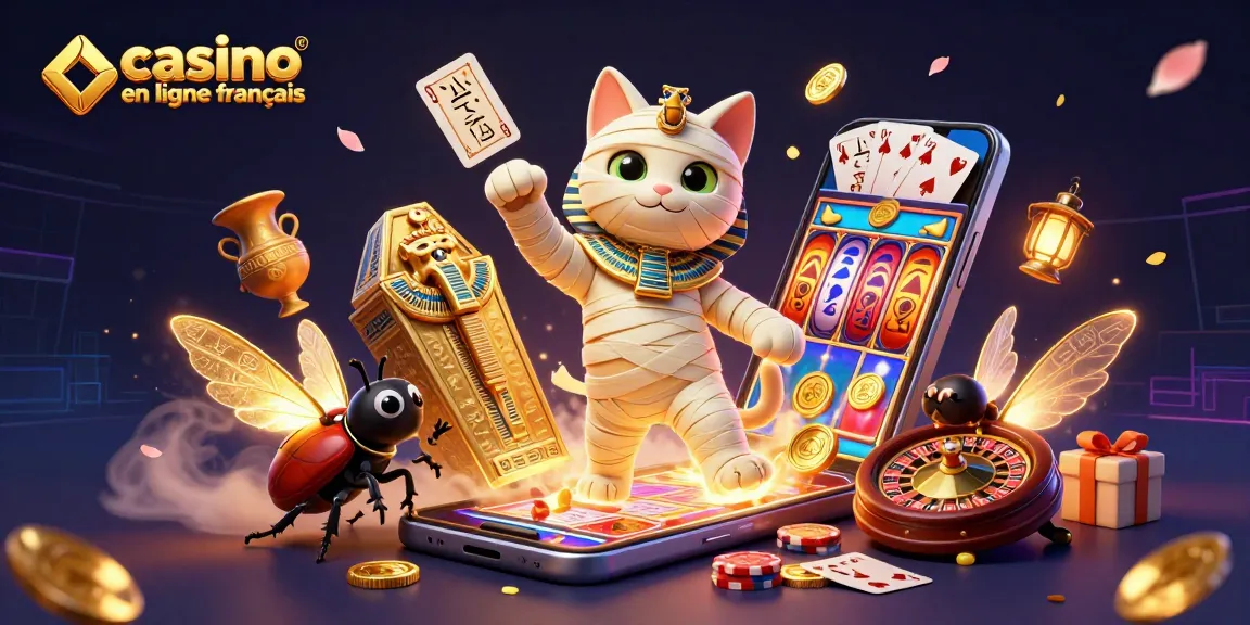 Jouer dans un casino en ligne français avec un chat momie égyptien en 3D et des éléments de jeu.