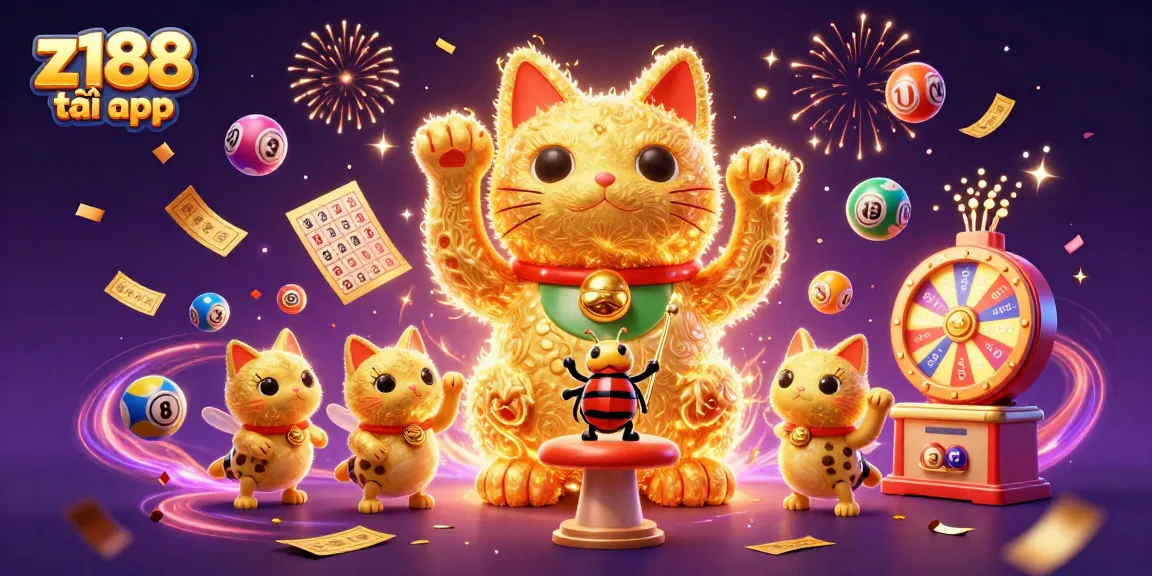 Experience z188 tải app with colorful lottery elements and a giant lucky cat illustration.