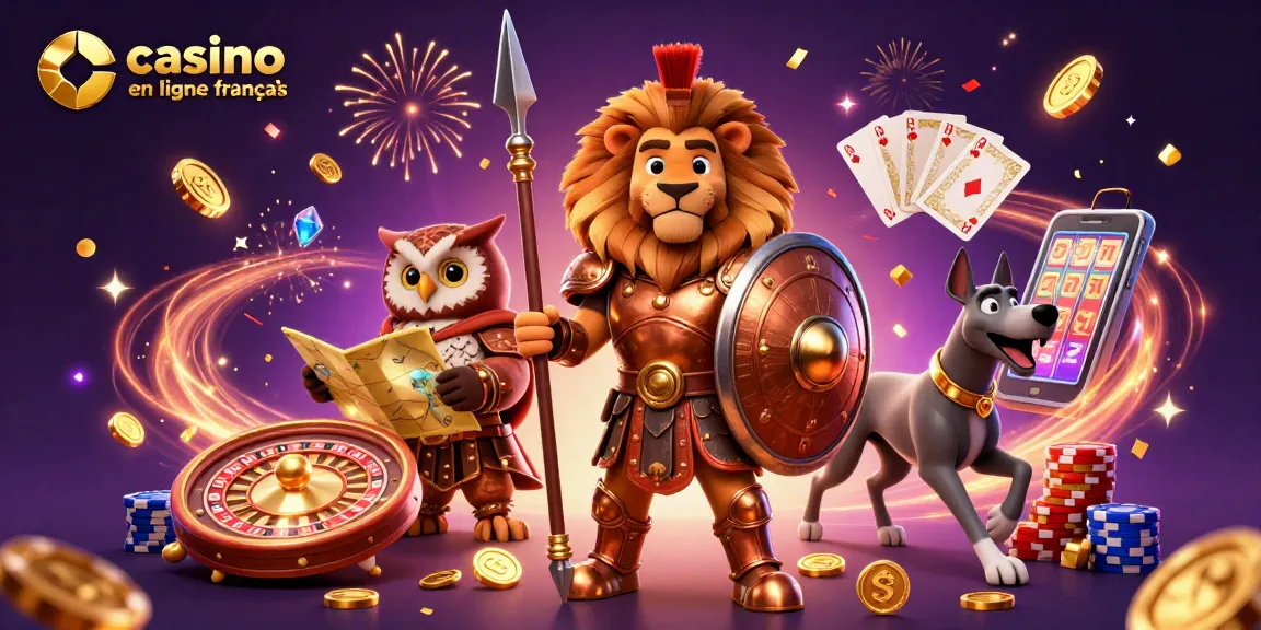 Le lion spartiate en armure bronze et ses alliés affirment leur puissance dans un casino en ligne français.