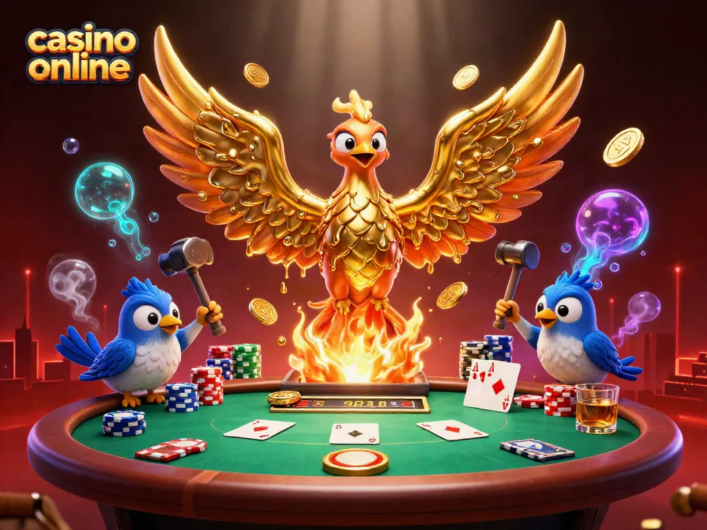 Disfruta de la acción en un casino online mientras el fénix dorado emerge con monedas relucientes y elementos de póker