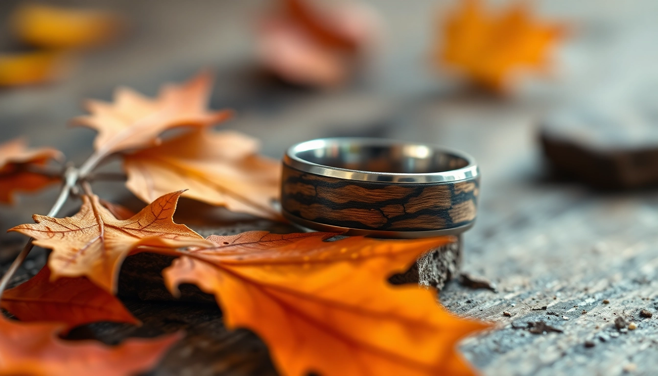Showcasing Whiskey Barrel Wedding Bands on a rustic wooden background with autumn leaves.
