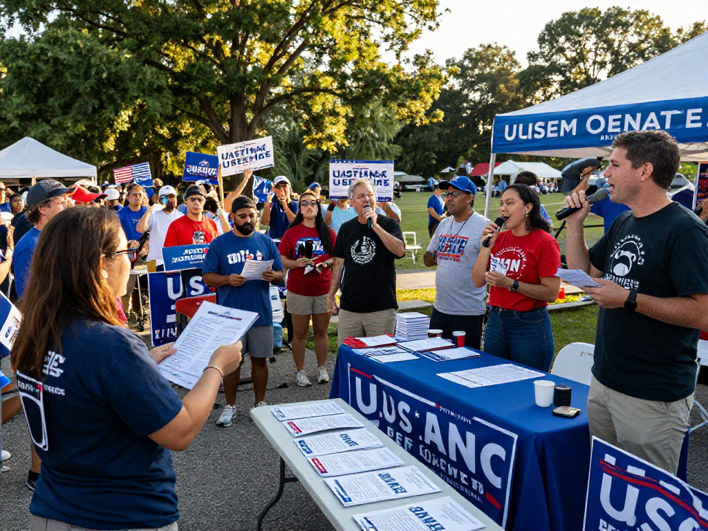 Candidate at rally demonstrating effective US Senate campaign marketing during engaging voter interaction.