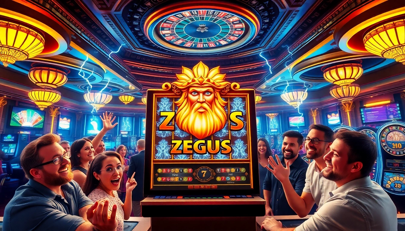 Para pemain bersemangat menikmati mesin slot Zeus di tengah atmosfer kasino yang hidup.