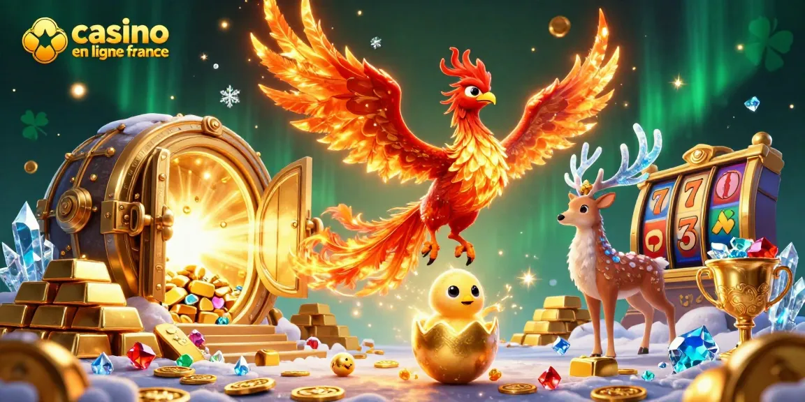 Profitez d'une illustration 3D captivante "casino en ligne France" avec un phoenix et des trésors.