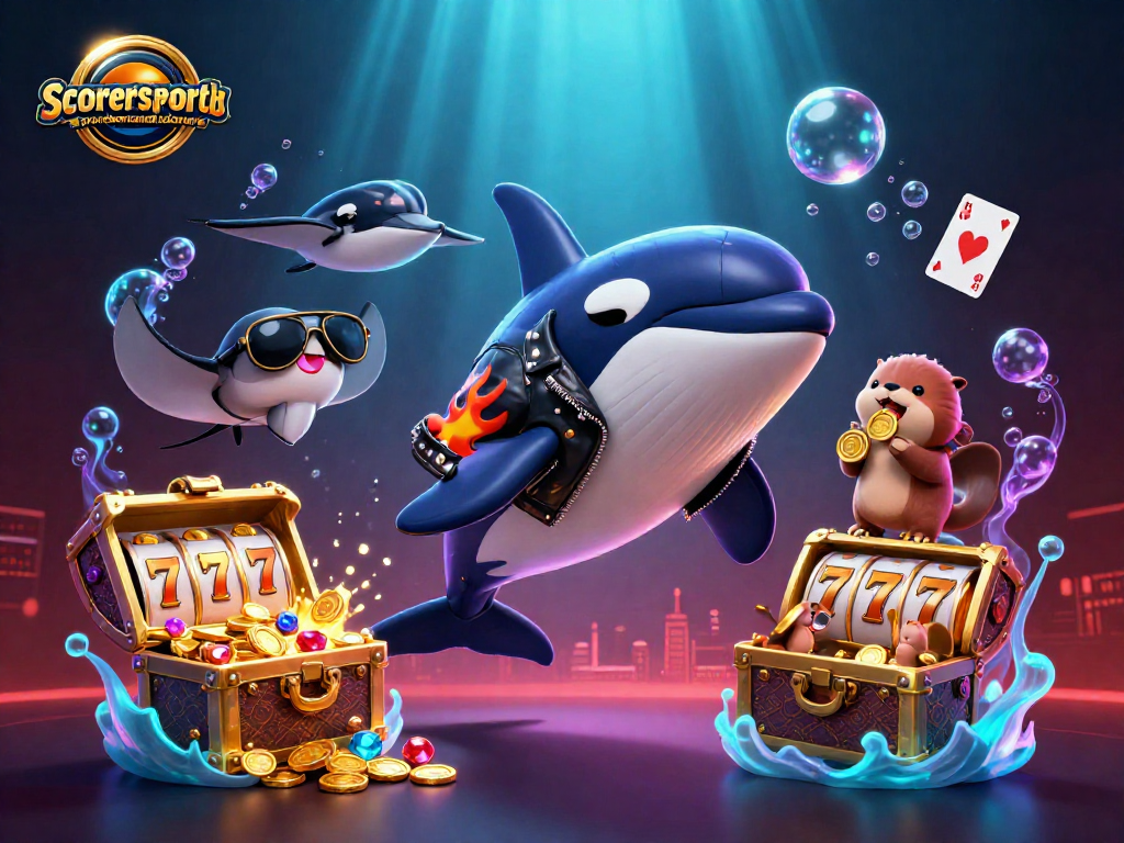Merging fun at scorerssportsbarandrestaurant featuring engaging gambling elements and animated underwater characters.