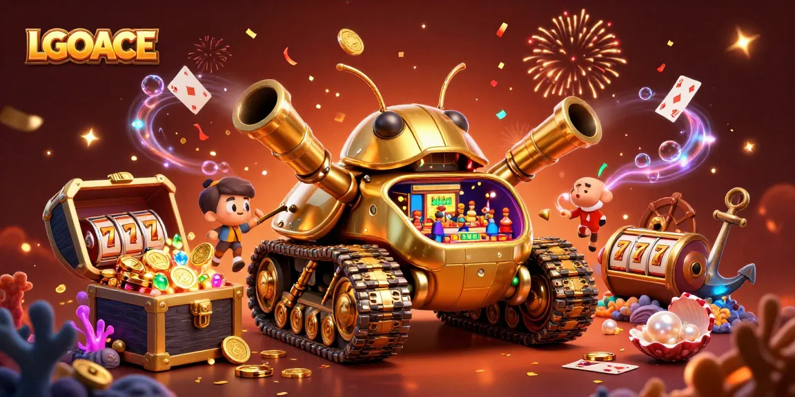 LGOACE showcases a vivid 3D casino beetle tank with slots and coins, immersing players in adventure.