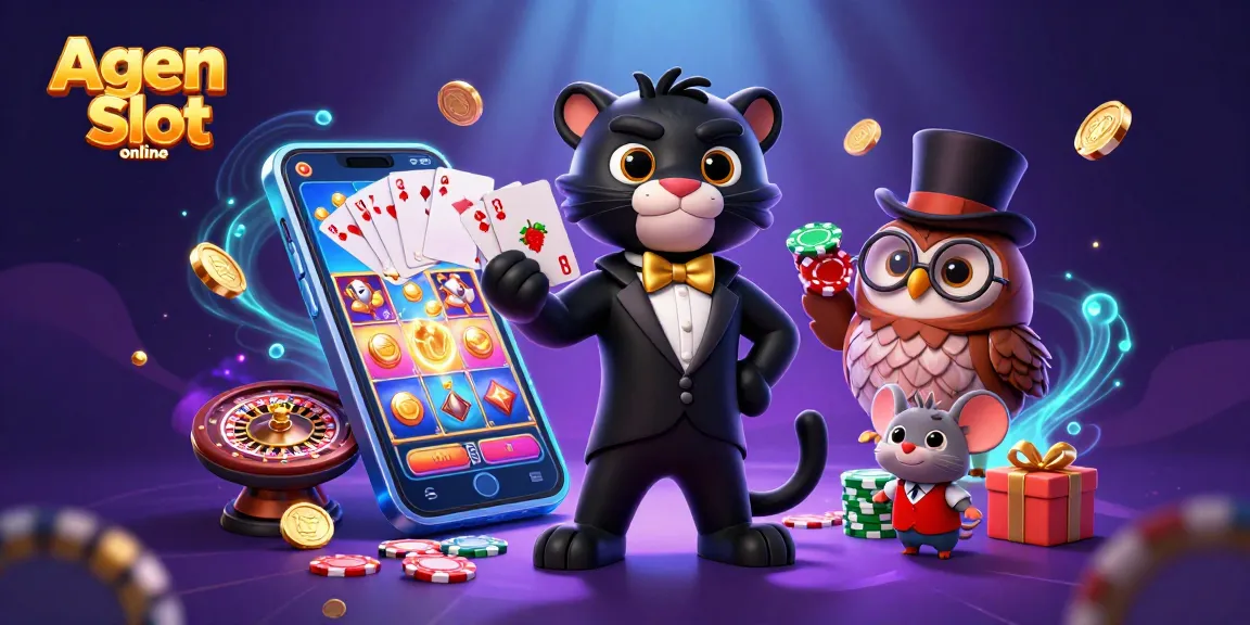 Agen Slot online showcases a cartoon panther dealing cards amid an animated slot scene filled with vibrant energy.