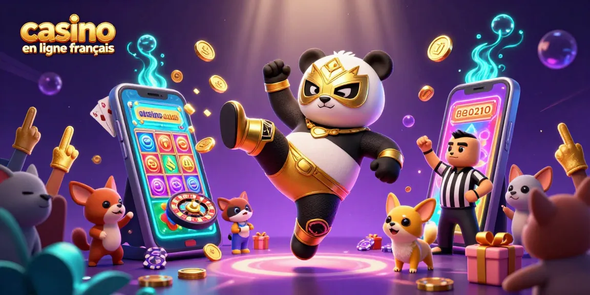 Profitez de l'expérience exceptionnelle d'un casino en ligne français avec un panda lutteur effectuant un coup de pied incroyable.