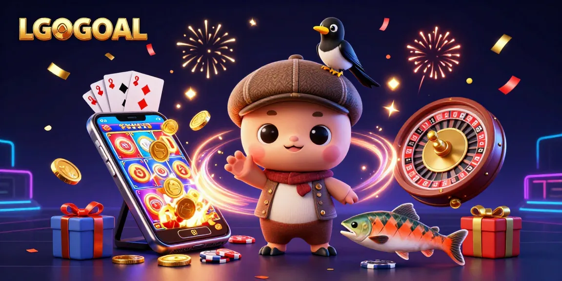 Win big rewards with LGOGOAL as playful characters celebrate around vibrant slot games and exciting casino elements.