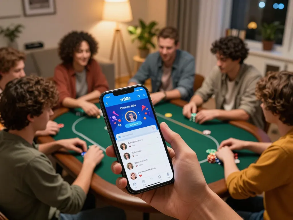 Friends enjoying rr88c online poker gaming setup with chips and snacks in a cozy home.