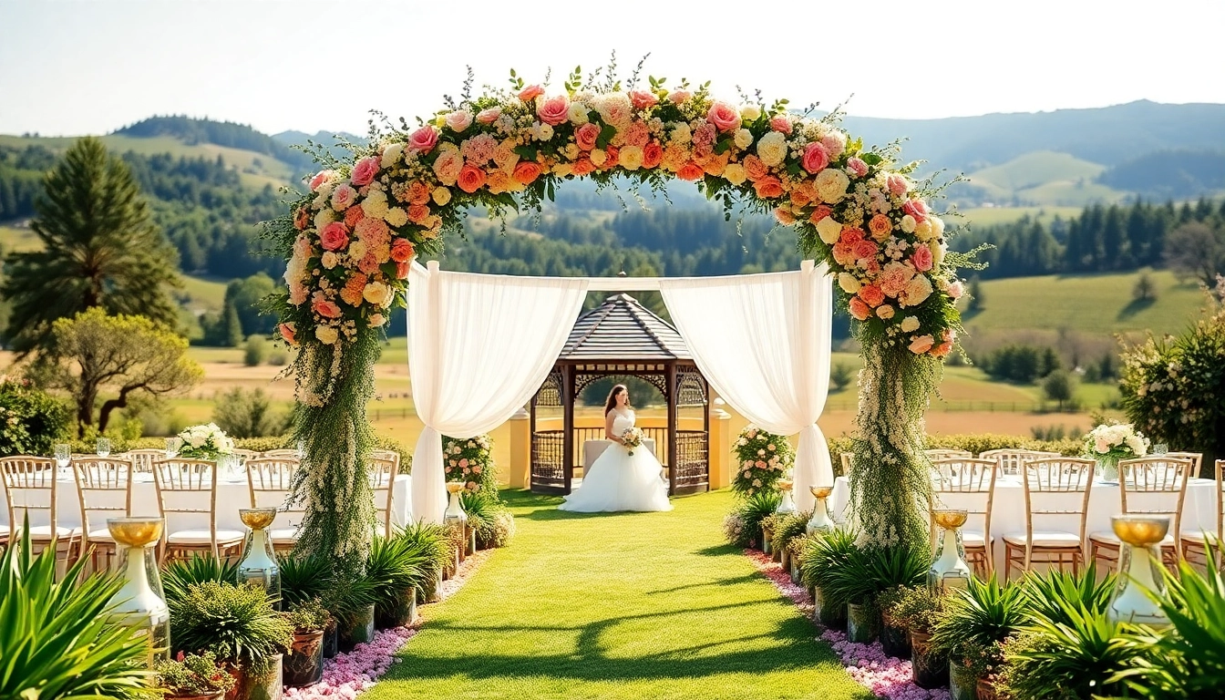 Wunderschöne hochzeits location mit romantischer Gartenatmosphäre und Blumendekoration.