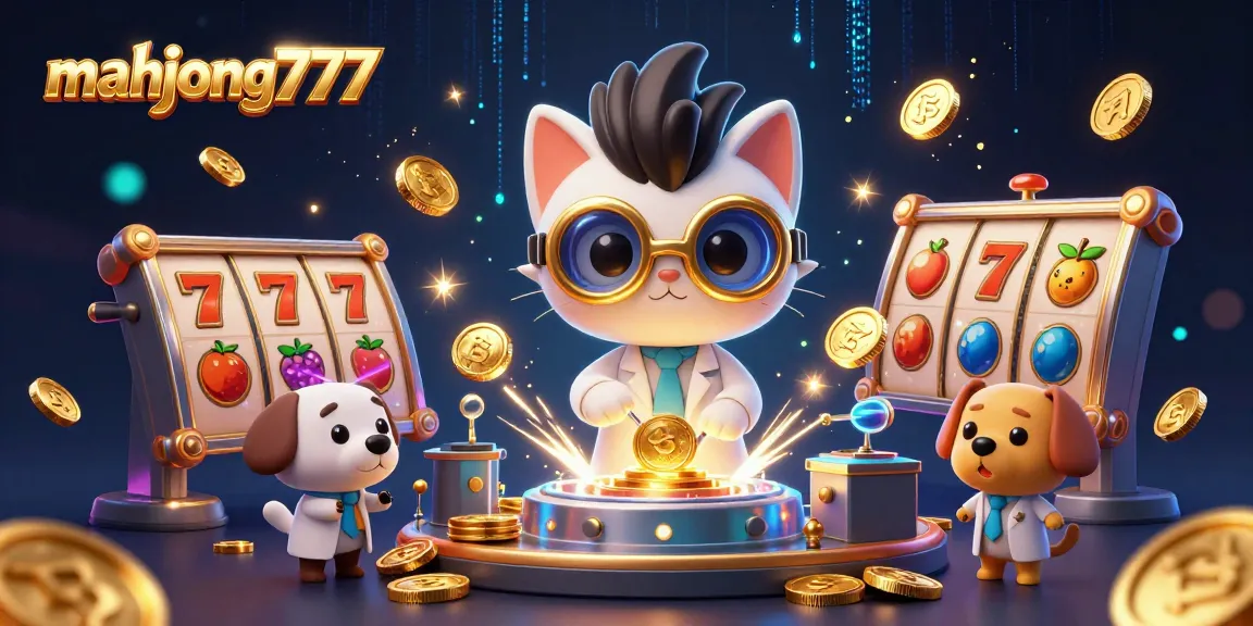 Experience the excitement of mahjong777 with a mad scientist cat, slots, and golden coins in a vibrant casino scene.