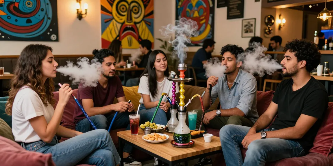 Friends enjoying shisha at rokok88 café with vibrant atmosphere and artistic decor.