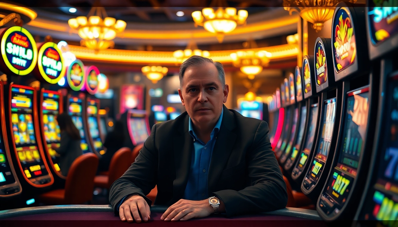 Menggambarkan suasana menarik saat bermain pakde4d slot di kasino mewah dengan mesin slot berwarna-warni.